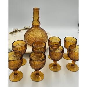 Vintage Tiara Daisy Amber Cordial Glasses Set of 8 with Decanter 4.25" Perfect